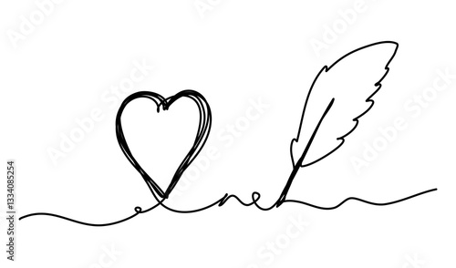 Minimalistic line art featuring heart and quill feather design symbolizing love and creativity. Elegant black lines on a white background exude simplicity and grace.