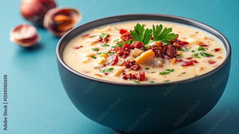 Creamy Soup with Chopped Bacon and Fresh Herbs in Black Bowl on Blue Background Creamy Soup with Chopped Bacon and Fresh Herbs in Black Bowl on Blue Background