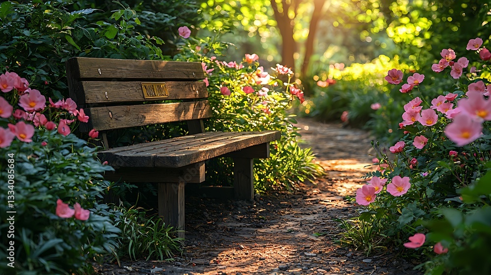 Serene Wooden Bench in a Sunlit Garden Path with Blooming Pink Flowers Serene Wooden Bench in a Sunlit Garden Path with Blooming Pink Flowers