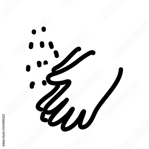Illustration depicts hands using soap or sanitizer droplets. Emphasizes cleanliness and hygiene through a minimalist lineart style for universal understanding.