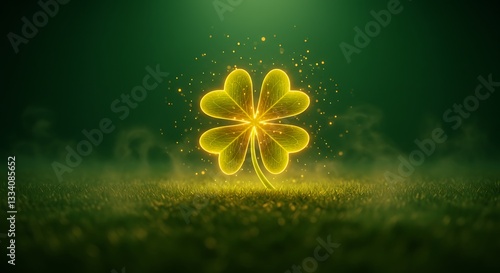 Glowing four leaf clover in a field of grass with a soft green background and golden sparkling particles