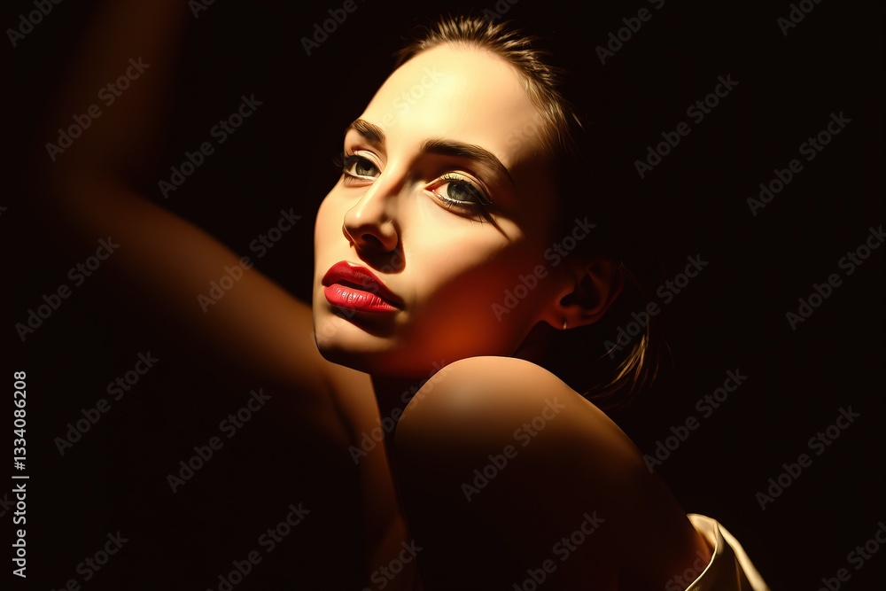 Fototapeta premium Captivating portrait of a woman illuminated by dramatic lighting in a dark setting, showcasing striking features and expressions