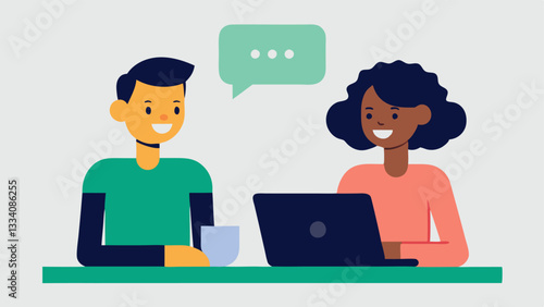 Feedback Loop Two people one at a desk with a laptop and the other giving feedback both smiling. The screen displays a clip being played emphasizing collaboration.