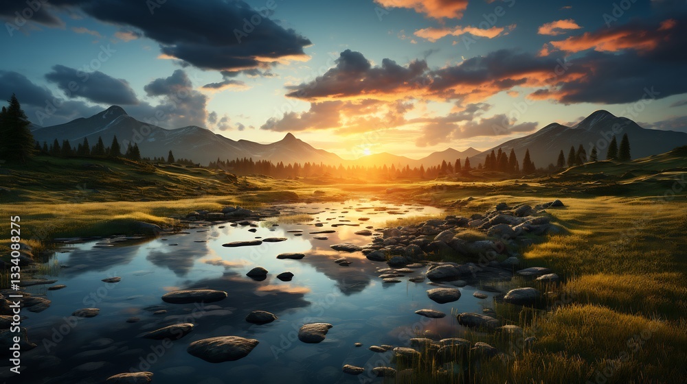 Serene Mountain Stream at Sunset. Serene Mountain Stream at Sunset.