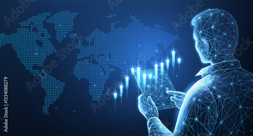 Broker trader analyzing global currency exchange and stock market charts.