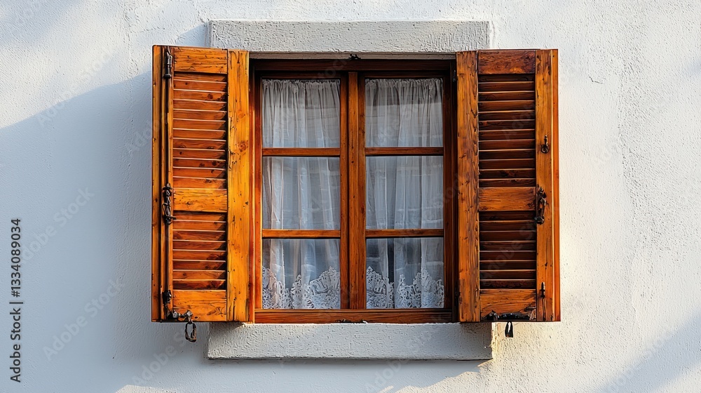 Obraz premium Open wooden window shutters on a light beige wall.