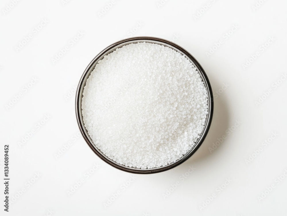 A bowl filled with sugar sits on a clean white surface A bowl filled with sugar sits on a clean white surface