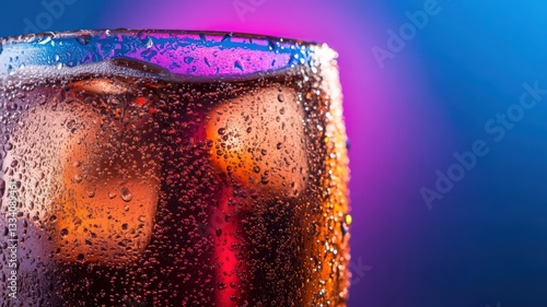 Obraz na płótnie Close-up of Iced Cola in Glass with Pink and Blue Lighting w salonie