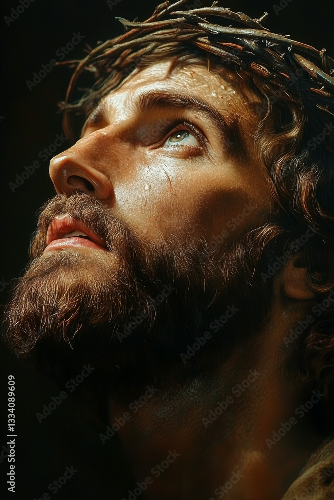Close-up of Jesus' face in a crown of thorns, suffering and sacrifice