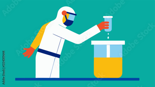 Sample Preparation A hand holding a sample vial and pouring its contents into a larger container with protective gear shown on the scientist.