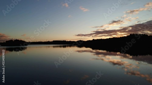 Wallpaper Mural Aerial Drone Shot of Silhouette Sunset at Dusk Over Stokkavannet Lake, Norway Torontodigital.ca