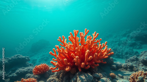 Fototapeta Naklejka Na Ścianę i Meble -  A large red coral is growing on a rocky beach. The coral is surrounded by other small corals and rocks. The scene is peaceful and serene
