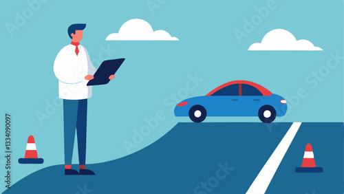 Field Testing An engineer stands beside a test track observing a selfdriving car navigating a course with a notepad in hand to jot down observations.