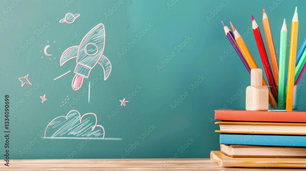 Enchanting Back - to - School Scene: Books, Pencils, and a Captivating Rocket Sketch Enchanting Back - to - School Scene: Books, Pencils, and a Captivating Rocket Sketch