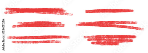 Red crayon strokes - hand-drawn straight lines with rough texture. Vivid grunge underlines to highlight and emphasize text. Bright pencil stroke borders, dividers, design elements of varied thickness