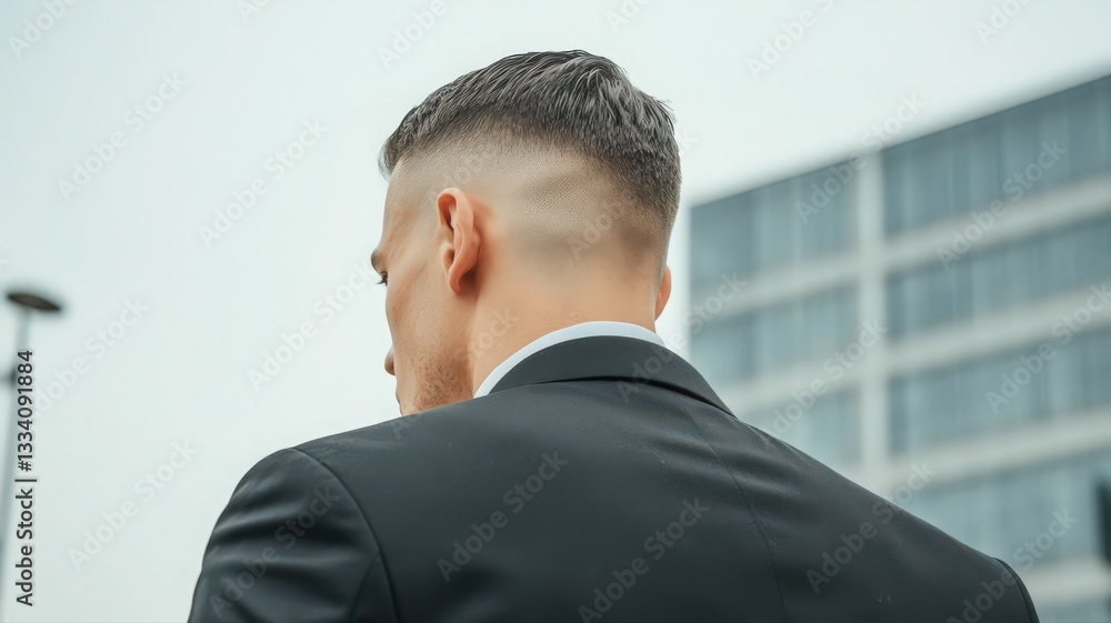 Man in Black Suit, Short Gray Hair, Back View in Urban Setting Man in Black Suit, Short Gray Hair, Back View in Urban Setting