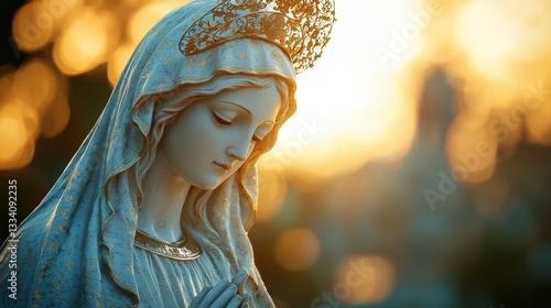 Elegant White Statue of the Blessed Virgin Mary Illuminated in Sacred Light for the Assumption Celebration