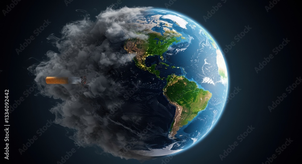 Naklejka premium Cigarette smoke polluting Earth. Concept of air pollution, smoking, and environmental damage.