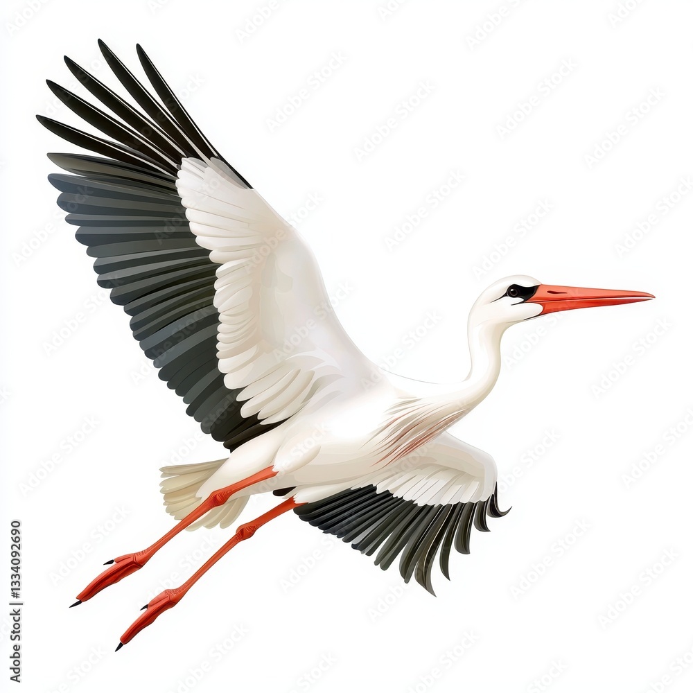 Obraz premium Elegant White Stork in Flight Against a White Background