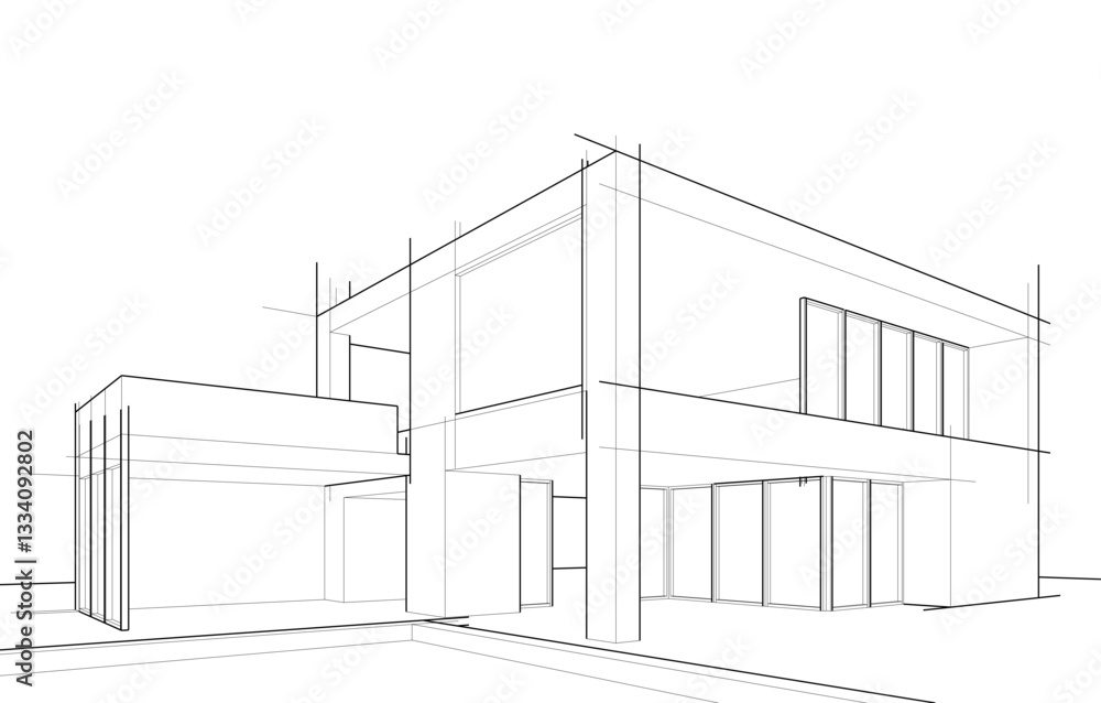 Architectural Sketch of Modern Residential House – Perspective View Architectural Sketch of Modern Residential House – Perspective View