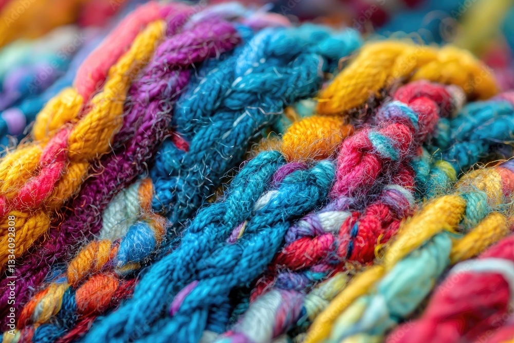 Close up shot of colorful yarn woven into a complex braid Close up shot of colorful yarn woven into a complex braid