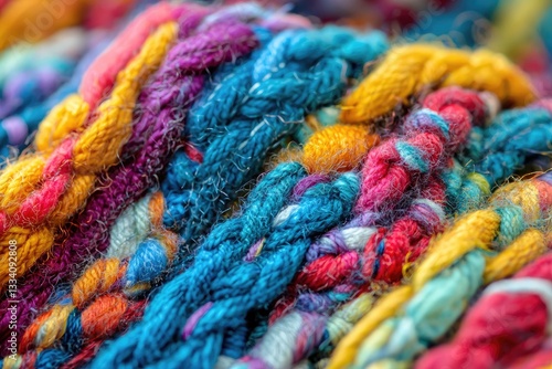 Close up shot of colorful yarn woven into a complex braid