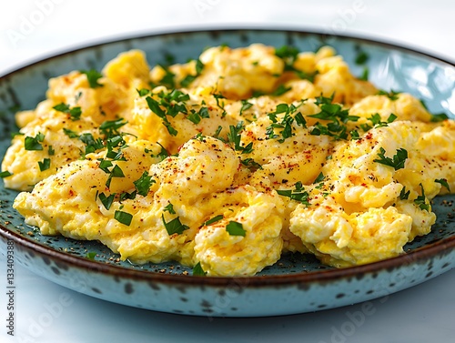 A plate of freshly cooked scrambled eggs with parsley garnish
