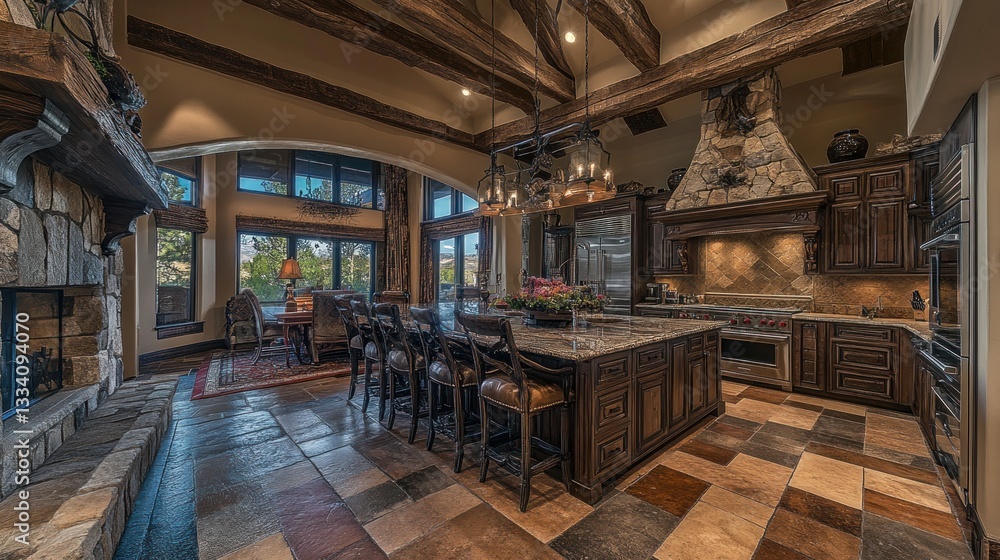 Luxurious kitchen and dining area featuring rustic stone and wooden beams Luxurious kitchen and dining area featuring rustic stone and wooden beams