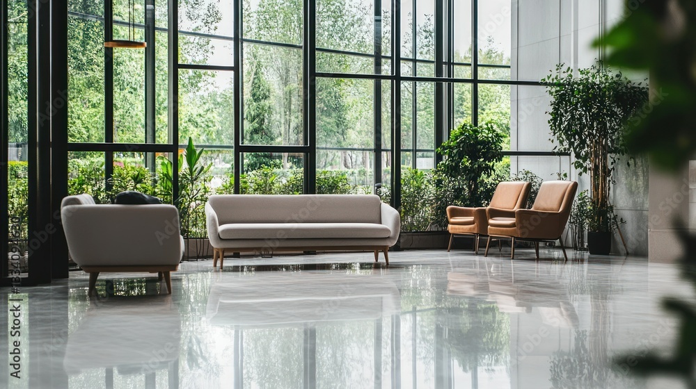 A modern minimalist lobby with comfortable seating and windows A modern minimalist lobby with comfortable seating and windows