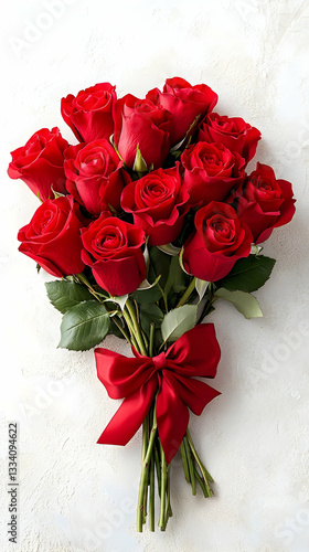 Fototapeta Naklejka Na Ścianę i Meble -  A dozen red roses tied with a red ribbon on a white background