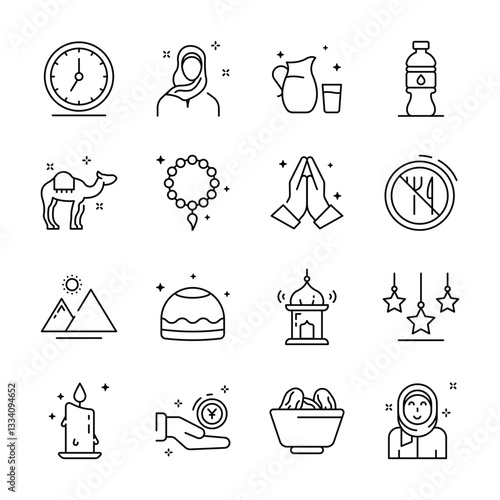 Grab this handy outline collection depicting ramadan month icons 