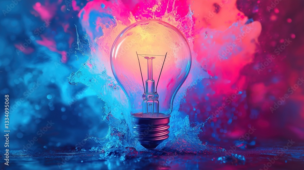 Colorful Paint Explosion from Light Bulb, Symbolizing Creative Energy and Innovation Colorful Paint Explosion from Light Bulb, Symbolizing Creative Energy and Innovation