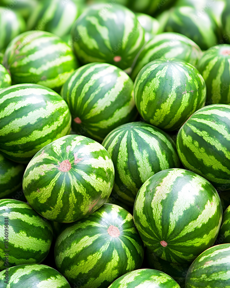 A vibrant pile of small, green watermelons with dark green stripes A vibrant pile of small, green watermelons with dark green stripes