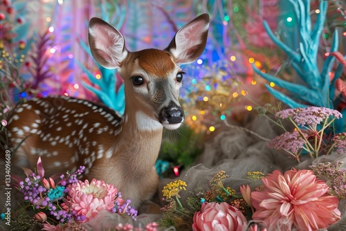 Enchanting Deer in Magical Fairytale Scene with Vibrant Props and Lighting Effects photo