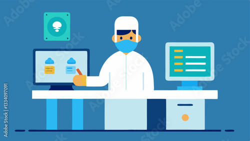 Research and Analysis A forensic spet at a lab bench comparing physical fingerprint cards to a digital database on a nearby monitor illustrating the dual nature of modern forensic