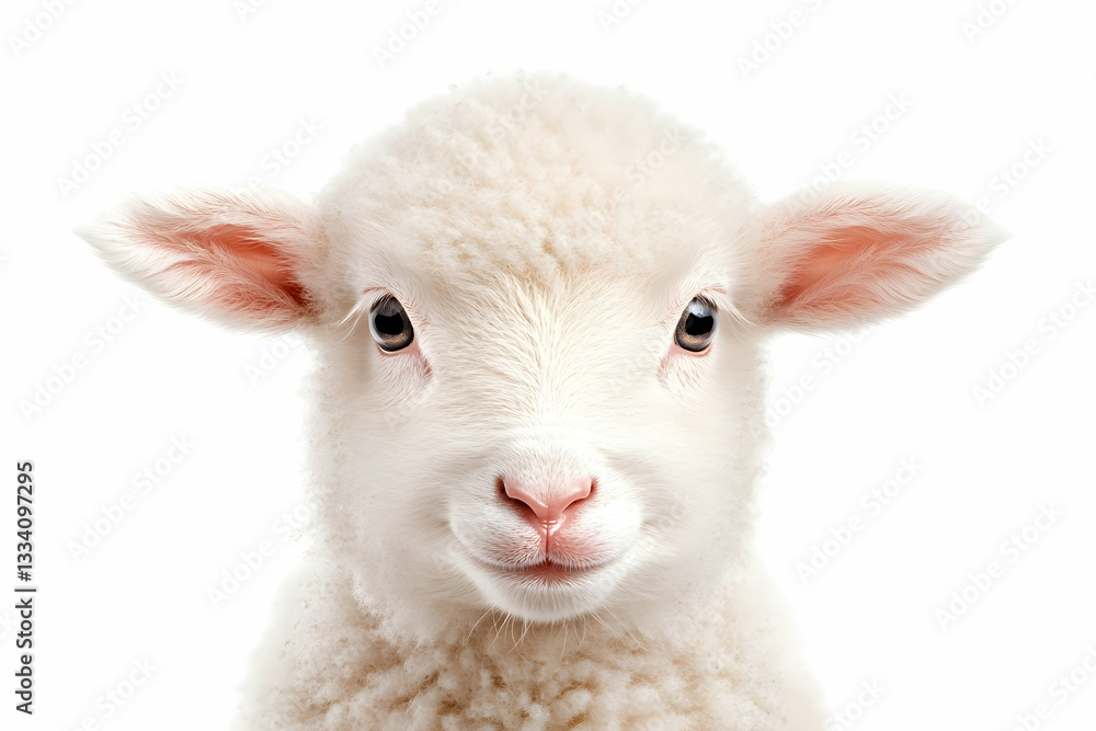 Fototapeta premium Adorable fluffy lamb close-up, facing forward on white background
