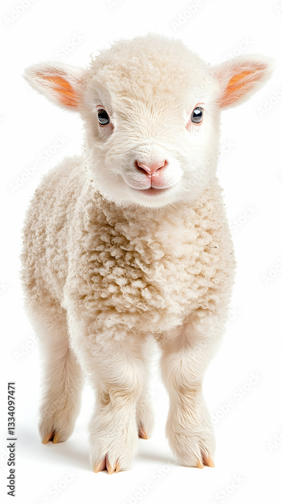 Fototapeta premium Adorable fluffy lamb standing on white background