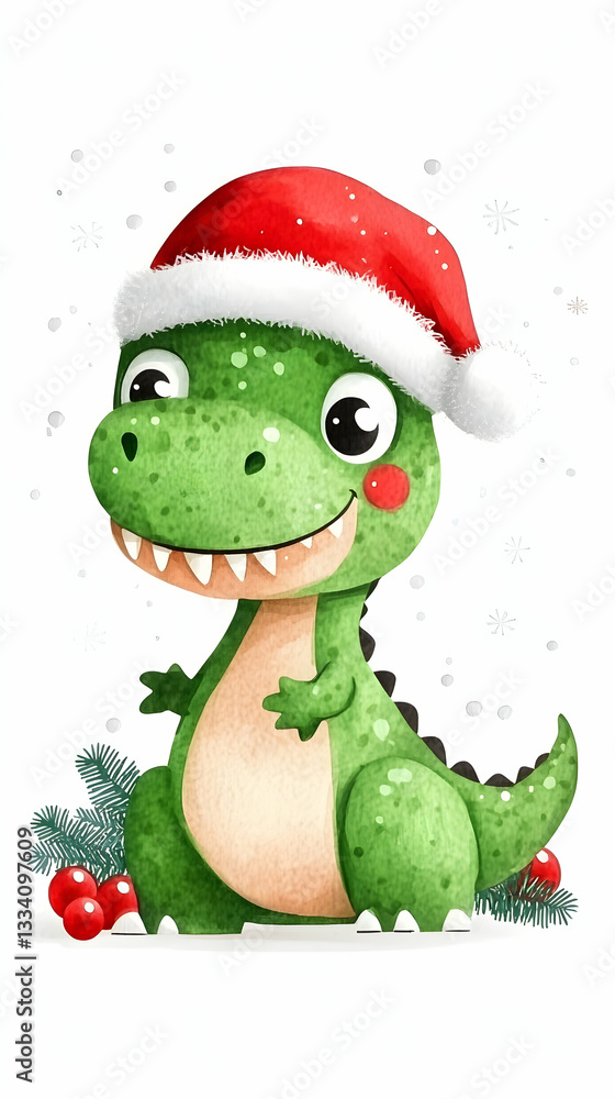 Adorable green dinosaur wearing a Santa hat amidst winter elements Adorable green dinosaur wearing a Santa hat amidst winter elements