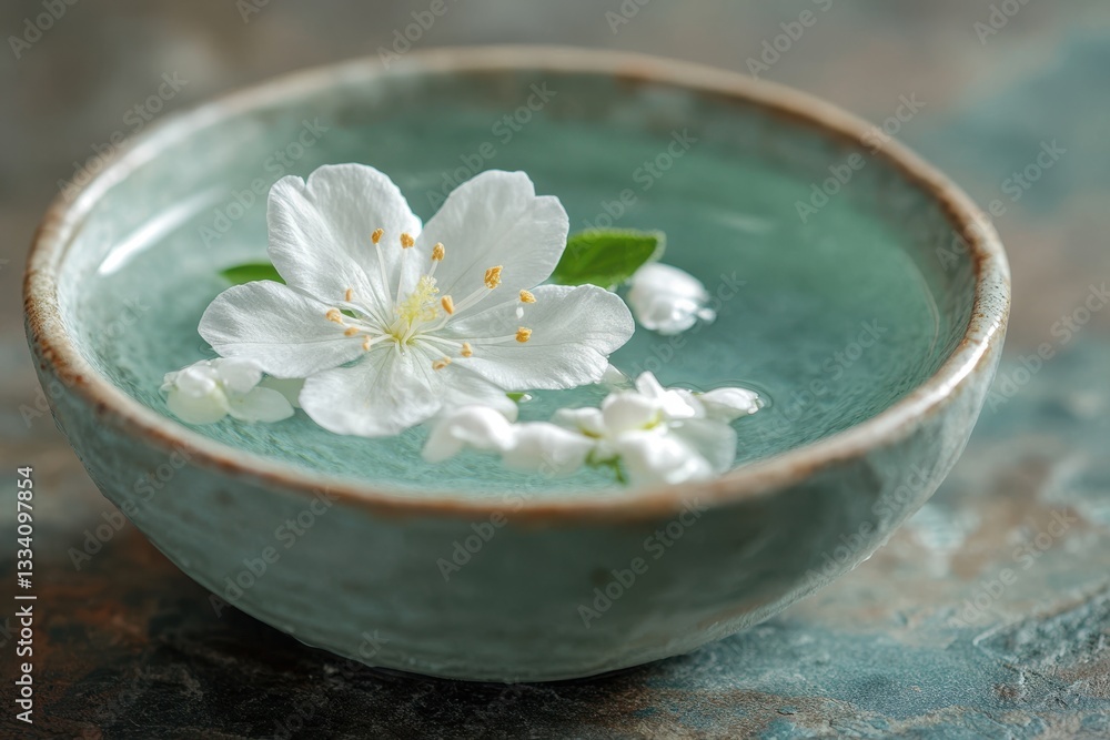 White flower floating in teal bowl serene spa scene White flower floating in teal bowl serene spa scene