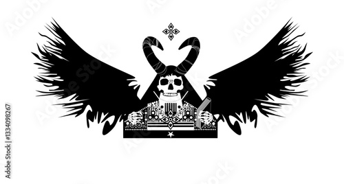 Skull death with horns and wings. Black and white isolated on the white background.