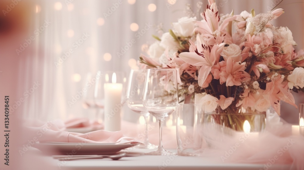 A beautiful table setting with a floral centerpiece, candles and elegant tableware creating a soft, romantic ambiance in a warm, inviting setting A beautiful table setting with a floral centerpiece, candles and elegant tableware creating a soft, romantic ambiance in a warm, inviting setting