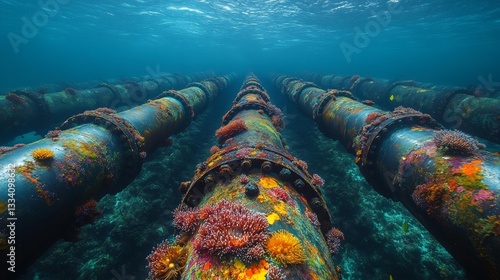 Underwater Pipeline with Rich Marine Life and Coral Growth. Generative AI