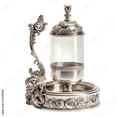 A Victorian silver-plated pickle castor with an ornate handle and glass jar isolated on a white background.