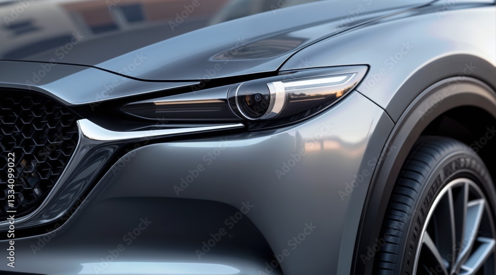 Detailed front end of modern car, gray-purple metallic gradient paint, sleek headlights, chrome bumper and grille accents, dark mesh pattern, close-up perspective, smooth curves, sharp lines, glossy f Detailed front end of modern car, gray-purple metallic gradient paint, sleek headlights, chrome bumper and grille accents, dark mesh pattern, close-up perspective, smooth curves, sharp lines, glossy f