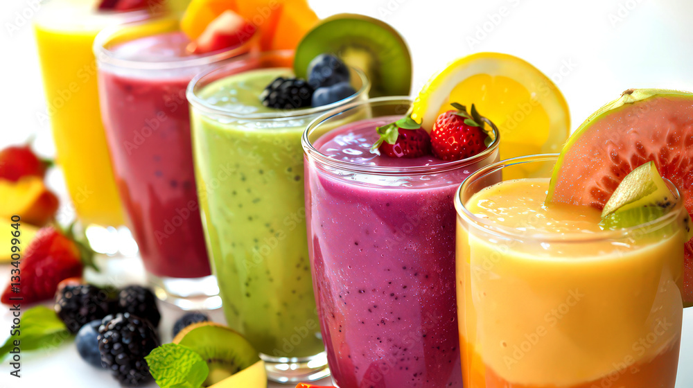 Row of many colorful smoothies, summer fruit cocktails. Healthy, detoxification and diet food concept Row of many colorful smoothies, summer fruit cocktails. Healthy, detoxification and diet food concept