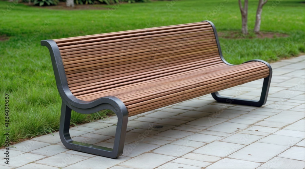 Contemporary park bench, dark wooden slats, dark gray metal frame, curved shape, outdoor urban park, green grass, trees, walkway of gray paving stones, low perspective, neutral tones, simple modern de Contemporary park bench, dark wooden slats, dark gray metal frame, curved shape, outdoor urban park, green grass, trees, walkway of gray paving stones, low perspective, neutral tones, simple modern de