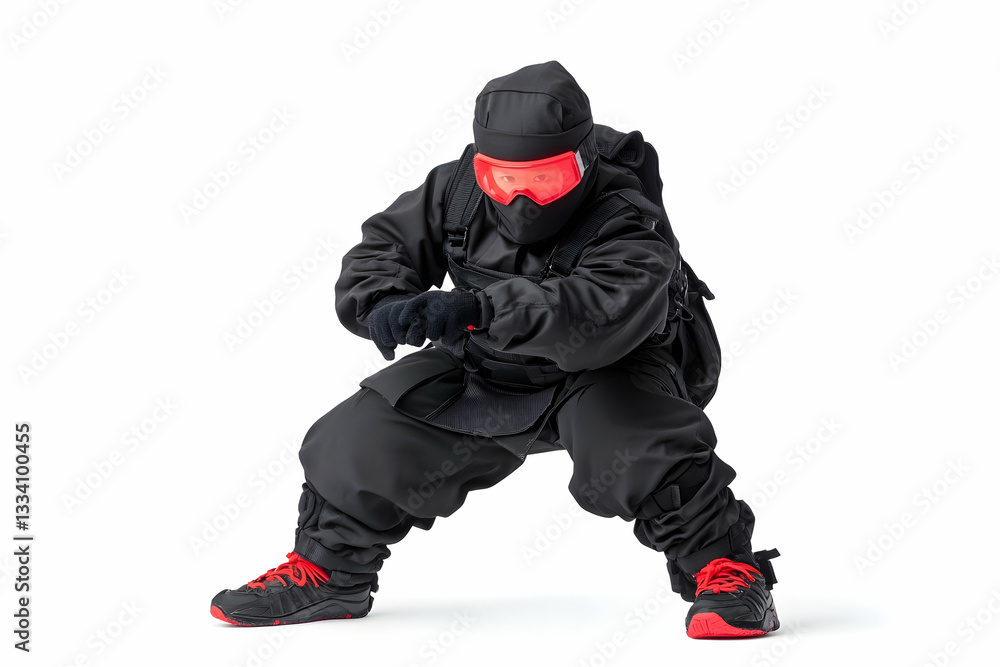 Black-clad figure in tactical gear crouches, red accents visible Black-clad figure in tactical gear crouches, red accents visible