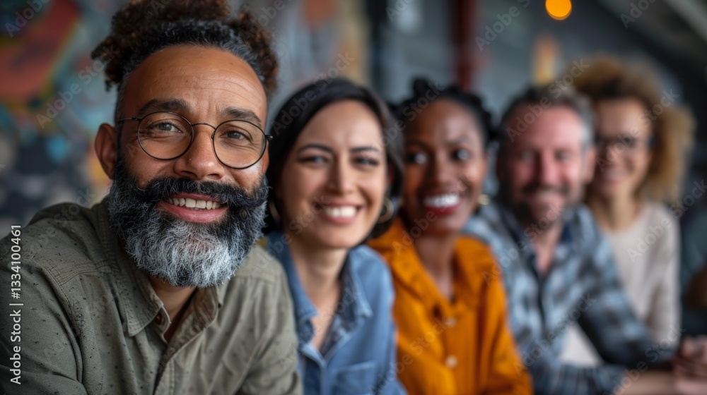 A captivating close up shot of a diverse group of four joyful adults beaming at the camera, seated together in a laid back indoor setting with a vibrant backdrop A captivating close up shot of a diverse group of four joyful adults beaming at the camera, seated together in a laid back indoor setting with a vibrant backdrop