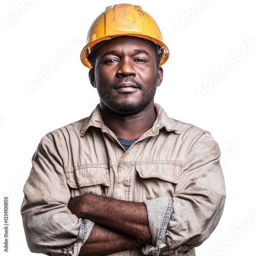 portrait of confident african american male worker or construction worker 35 years old in hard hat and work clothes, isolate on transparent background