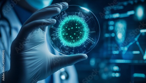 Microscopic Marvel: A scientist delicately holds a petri dish showcasing a vividly illuminated microscopic view of a virus, symbolizing scientific progress.